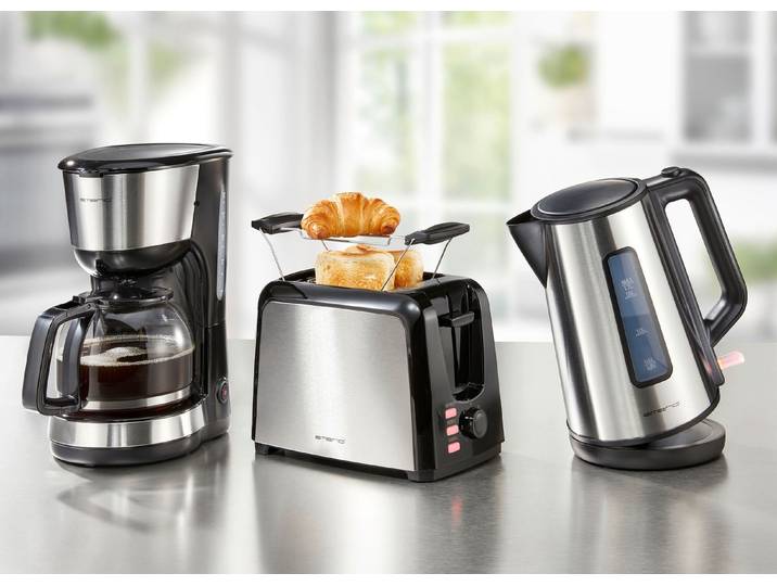 Emerio Frühstücksserie mit Applikationen aus Edelstahl, Silber-Schwarz, Wasserkocher
