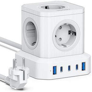 Voomy Steckdosenwürfel Power Cube S65, mit Schalter, weiß, 5x Schutzkontakt, 2x USB-A, 3x USB-C, mit 2 m Kabel