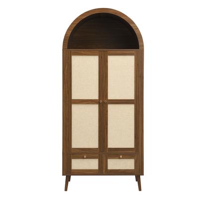 MODFU Kleiderschrank MDF in Walnussoptik und beiger Rattanoptik mit 2 Türen und 2 Schubladen