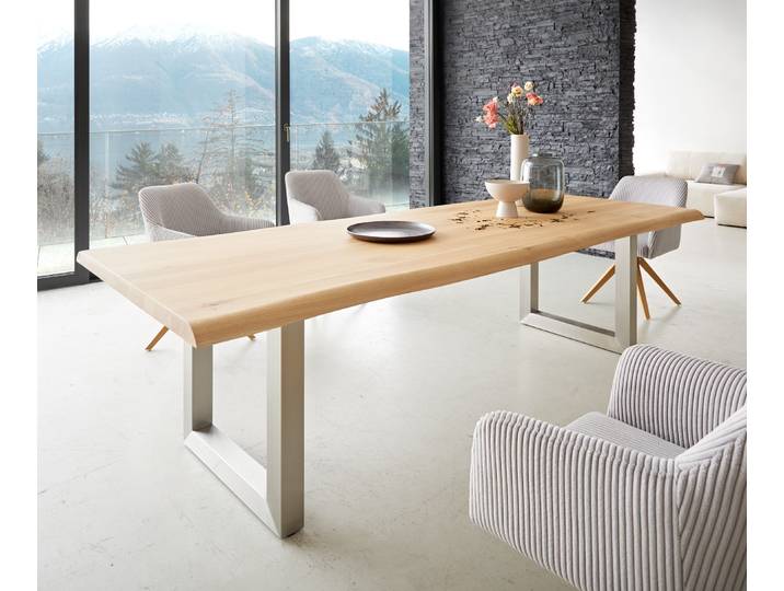 Esstisch Edge 260x100 Eiche Natur Edelstahl Breit Live-Edge, Esstische, Baumkantenmöbel, Massivholzmöbel, Massivholz