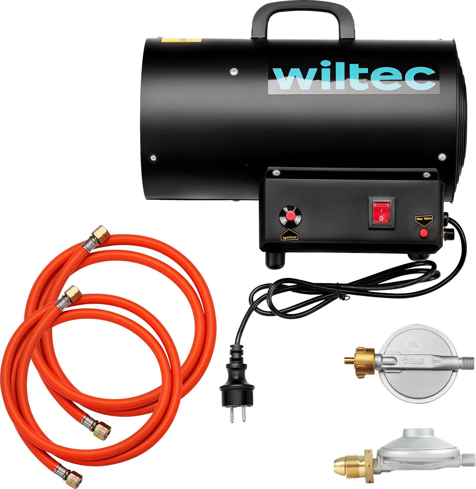 Wiltec gasverwarmingsventilator 15 kW met gasdrukregelaar voor UK 700 mbar en LPG-aangedreven bouwverwarmer