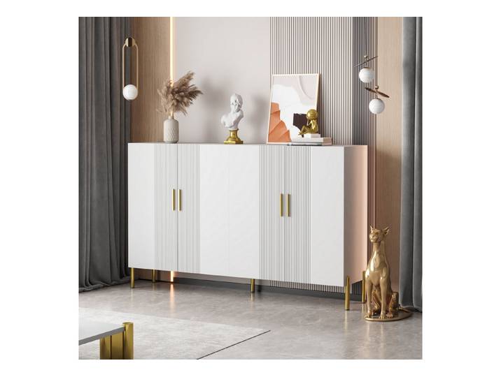 IDEASY Sideboard Elegantes Sideboard weiß matt, Anrichte, verstellbare Trennwände (Anti-Kipp-Vorrichtung), 4 Türen, goldfarbene Griffe und Füße, 80 kg belastbar
