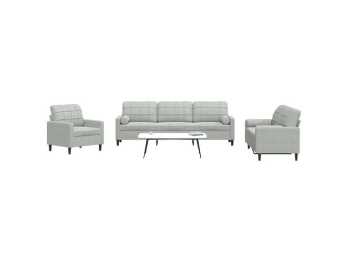 HEFZGDB 3-TLG. Sofagarnitur mit Kissen und Nackenrollen in Hellgrau Samt, Weiches Velours Material, Robustes Metallgestell und Dicke Polsterung, Modernes Design