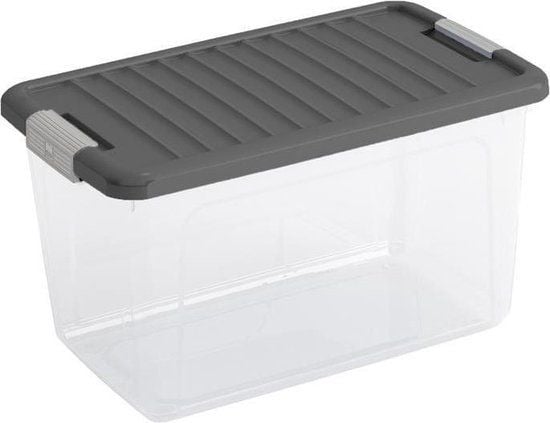 Kis W box M Solid opbergbox met deksel en ergonomische clips - Grijs - 29,5L