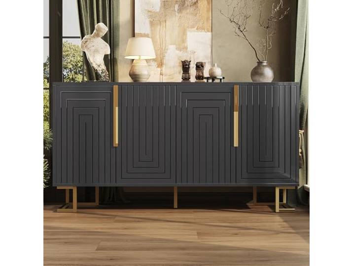 Merax Schwarzes Sideboard Kommode mit Stauraum Anrichte Esszimmer mit geometrischem Design & goldenen Griffen – Modernes Sideboard 152x40x75 cm für Wohnzimmer, Esszimmer & Flur