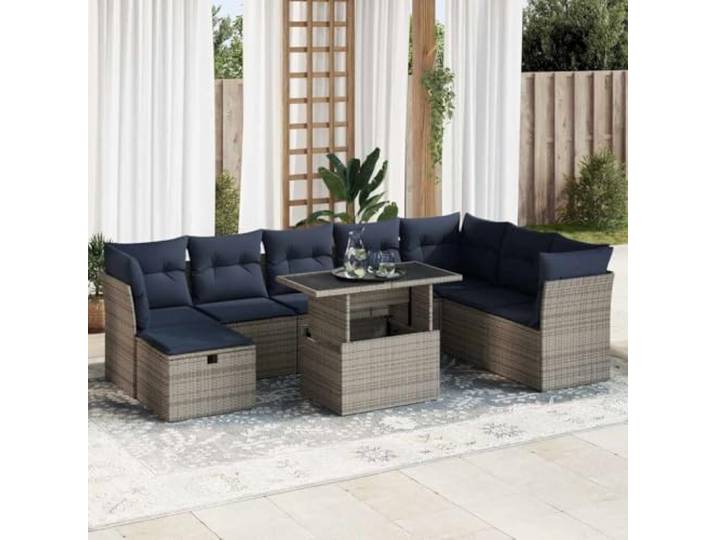 YUTAASU 9-TLG. Poly Rattan Sofagarnitur Grau mit Kissen