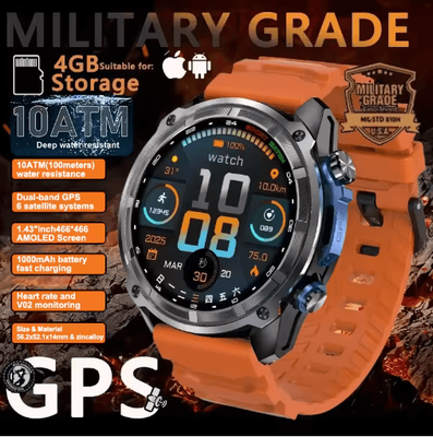 Inspire Picks T Rex 3 Pro Rugged GPS Smartwatch Offline Maps 10ATM Military Outdoor Watch orange 4gb Offline Map
