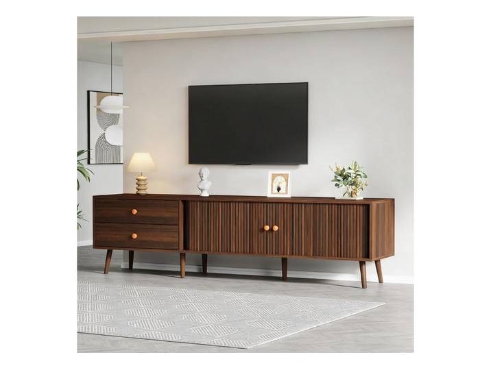 Odikalo TV-Schrank Lowboard TV-Bank mit zwei Schubladen, zwei Rolltüren & acht Standfüßen (180 x 40 x 46,5 cm Geeignet für Fernseher bis zu 80 Zoll)