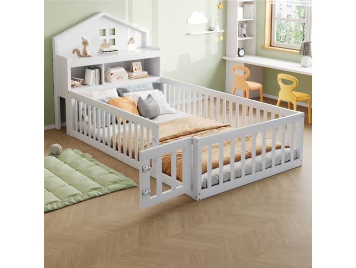 Lit cabane Enfants 90x200 cm avec tableau Noir lit Montessori avec Barriere étagères Lit de sol avec sommier à Lattes Blanc