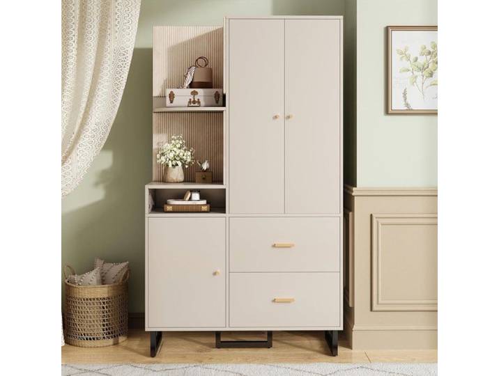 Vestiaire d'entrée et Armoire compacte 110x186x38 cm avec Panneaux rembourrés Comprenant Un Rangement pour Chaussures Beige