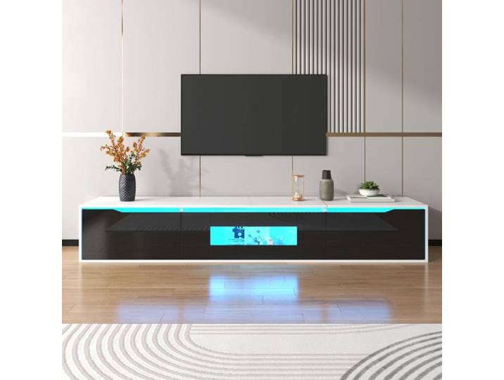 Meuble TV 180x30x35 cm avec éclairage LED trois portes et grand espace de rangement - Noir