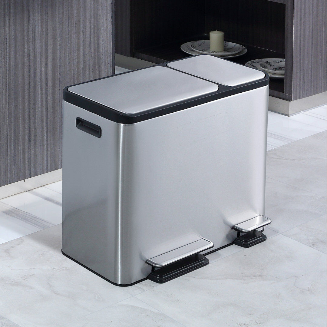 EKO Ecocasa Steel Step On Multi-Compartment Rubbish & Recycling Bin Silver 45L