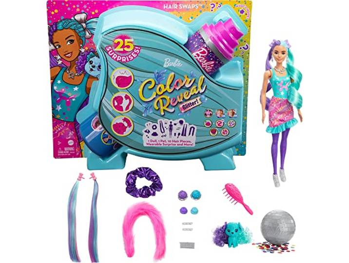 ​Barbie Color Reveal pop, glanzend paars met 25 verrassingen voor kapsels en feestjes, waaronder 10 verwisselbare hairextensions, cadeau voor kinderen vanaf 3 jaar