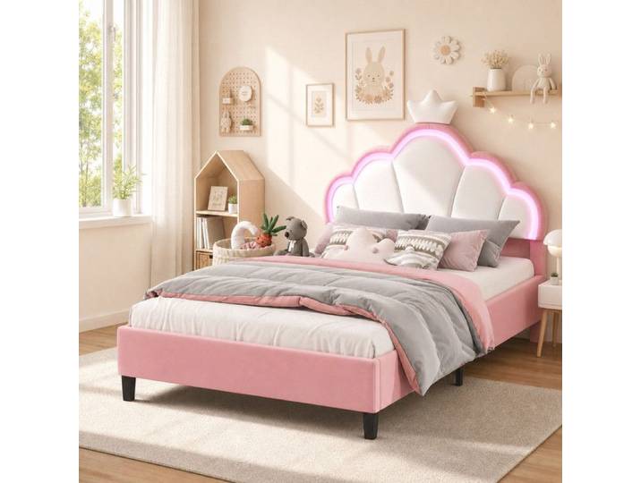 Lit Princesse 140x190cm Enfant Rose avec Sommier Lit enfant fille avec LED Tête de Lit Couronne Pieds de lit 15 cm Velours
