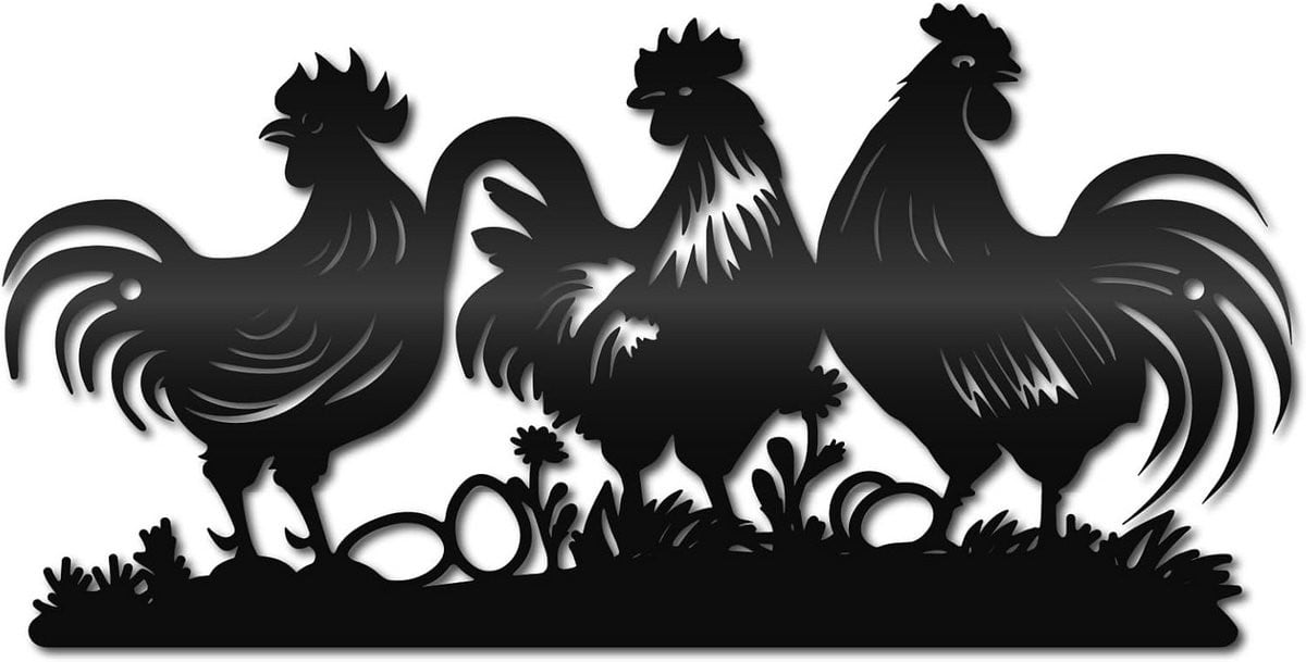 Metalen Wanddecoratie Kip en Haan Zwart Rustiek Silhouet voor Binnen en Buiten