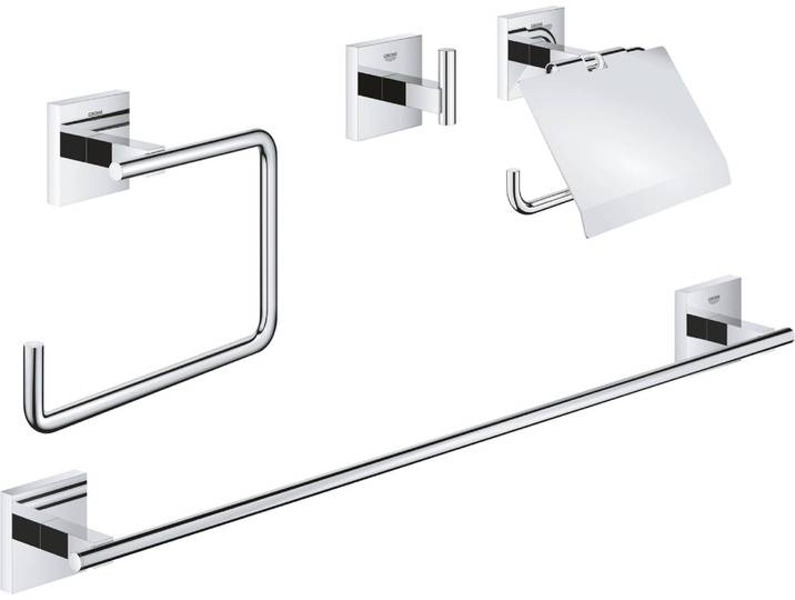 GROHE QuickFix - Start Cube - Set d'accessoires 4 en 1 pour salle de bain - Finition Chromée 41115000 (à visser ou à coller)