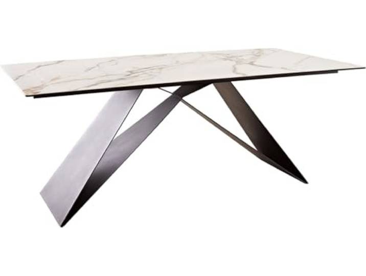DELIFE Esszimmertisch Edge Keramik Calacatta Luxe Weiß-Gold-Grau 200x100 V-Gestell Flachstahl Schwarz