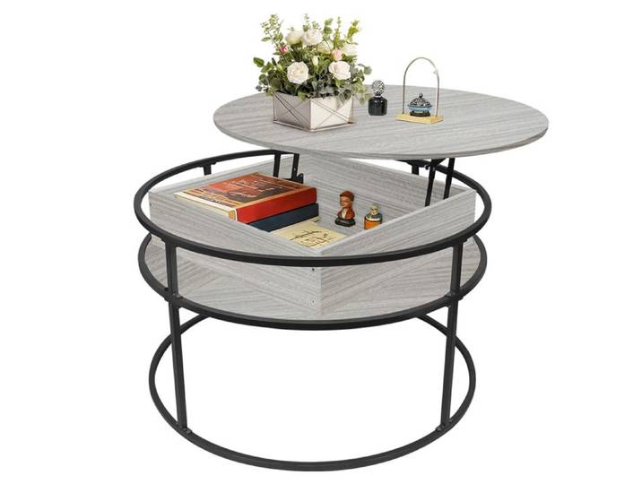 Table Basse Relevable Ronde avec Rangement Caché 80x80X47cm Table Basse Ronde Salon avec Cadre Métallique Robuste Gris Clair
