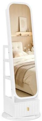 Costway 360° Swivel Jewelry Cabinet with Full-Length Mirror and Dual Hooks-White