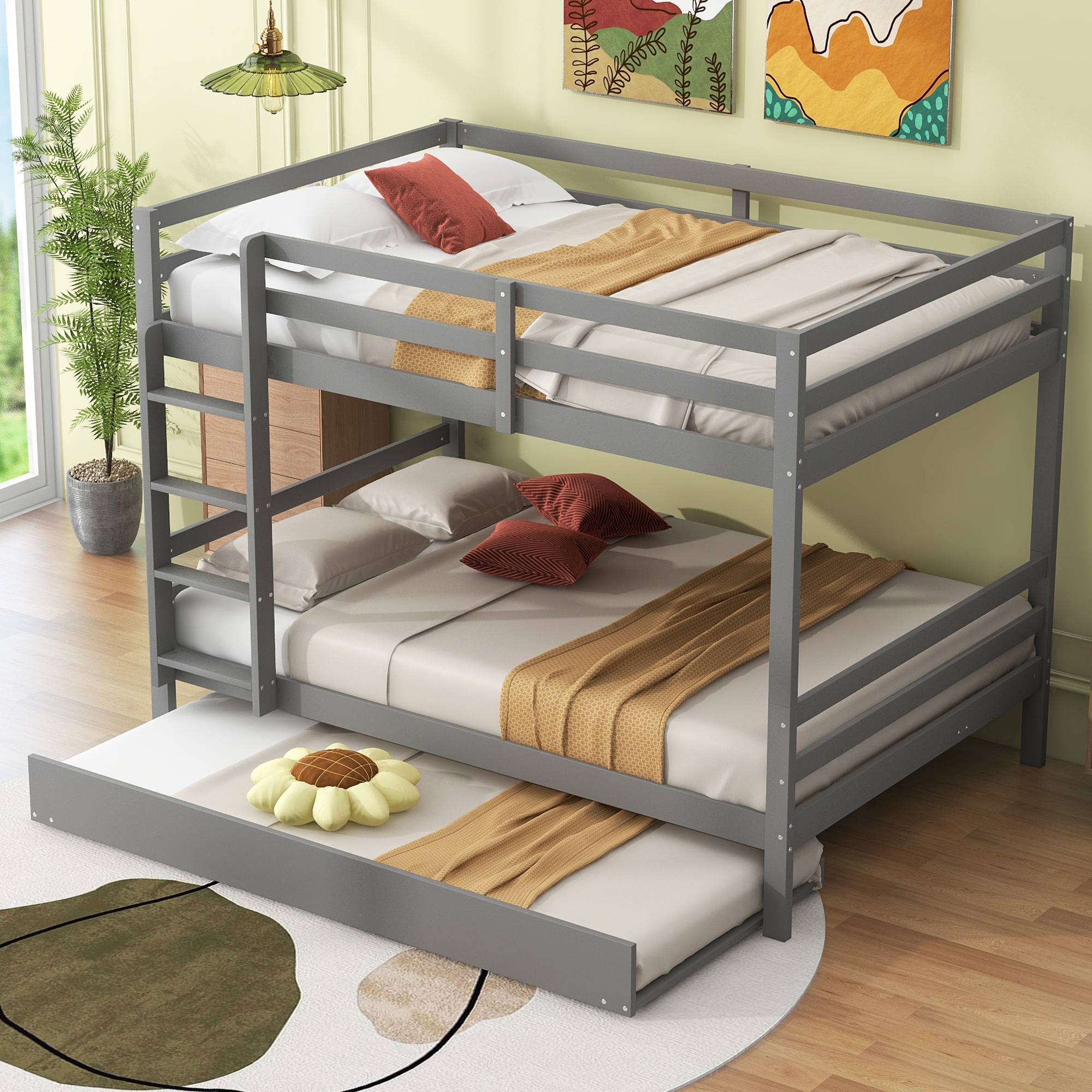 Sweiko 140x200cm Etagenbetten, Kinderbetten, Etagenbetten mit Ausziehbett, Hohe Geländer, Stabile Treppe, Grau
