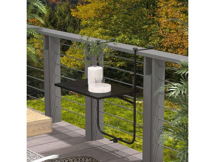 Table De Balcon En Metal Noir Table Suspendue Pliante FloraGrace Pour Balcon Et Terrasse Hauteur Reglable 3 Niveaux 60x40x85 5cm