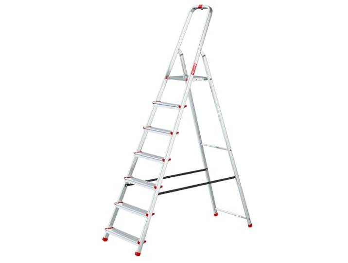 Baulich - Aluminium Leiter - 7-stufige einseitige Haushaltsleiter, Haken und Füße 4 Stück inklusive - Ergonomisches Design, leicht zu transportieren - 215x50x12cm - Belastbarkeit bis 125 kg