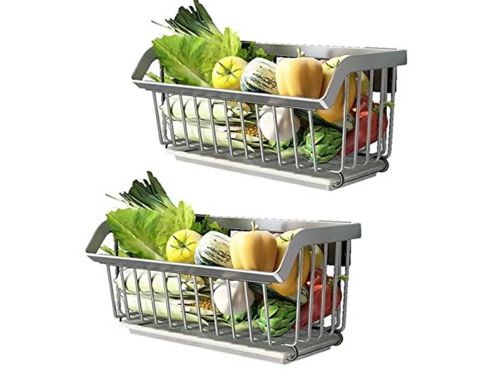 HJXGQJM 2-Stufiger Stapelbarer Obstkorb Gemüse Aufbewahrung, Obst- Und Gemüseregal Zur Wandmontage, Obst- Und Gemüseregal Aus Rostfreiem Stahl 304 Obst- und Gemüseregal(Silver,46x20.5x17.5cm)