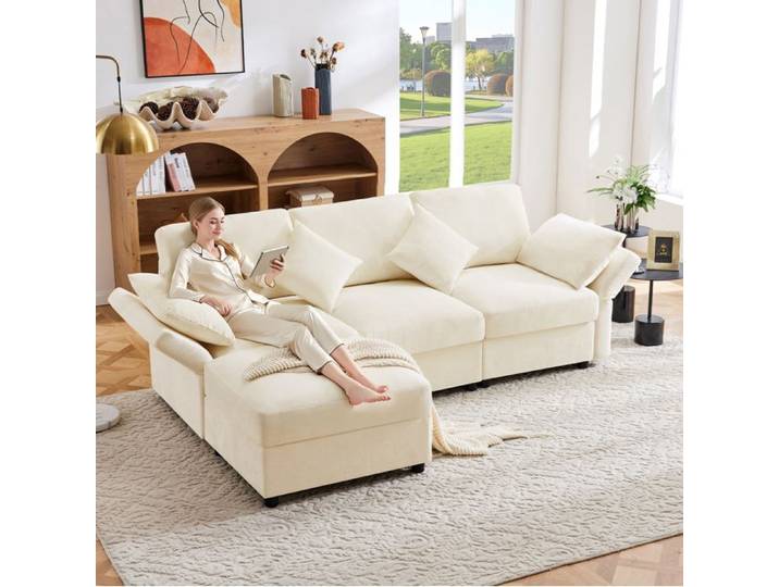 ROVRYN Canape d'angle modulable en L 218 x 156 5 x 86 cm avec pouf mobile 4 coussins chenille beige