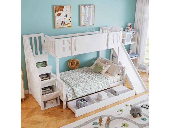 Lit Superposé Enfant 90*200+120*200cm Avec toboggan tiroirs sur roulettes escalier avec 4 casiers lit double assurer sécurité
