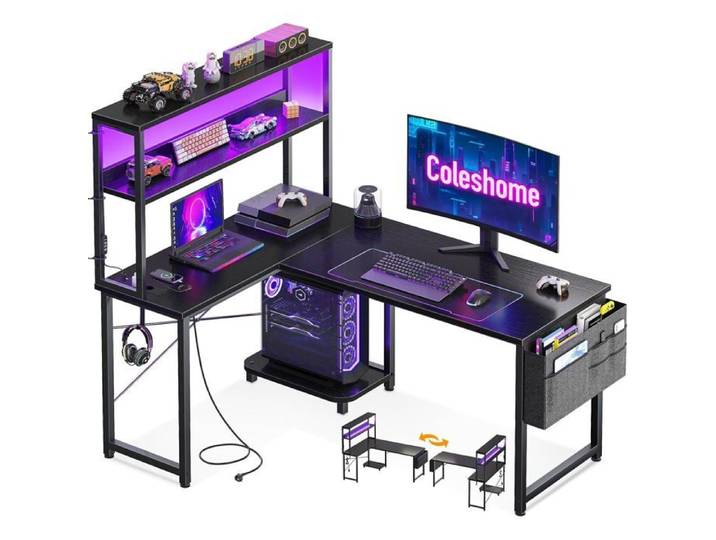 Bureau Gaming Angle Coleshome Bureau Gaming en L avec LED RGB support PC et crochet casque 110x80cm Noir