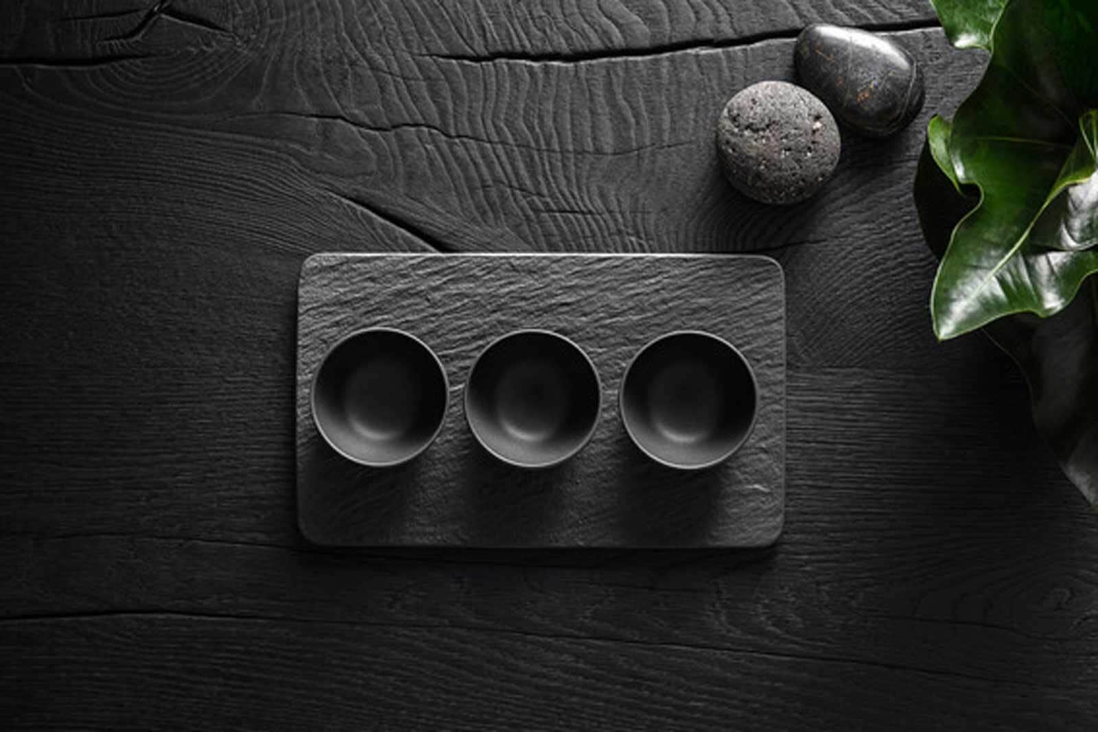 Dipschale VILLEROY & BOCH "Dipschälchen-Set Manufacture Rock 3er Set schwarz", schwarz, L:28cm, Schüsseln, Dipschale