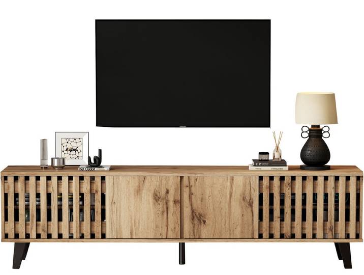 SeedWave Lowboard Griffloser TV Schrank Fernsehtisch mit 2 Luftigen Türen, Türstopper, Kabeldurchführung, Kippschutz-Set