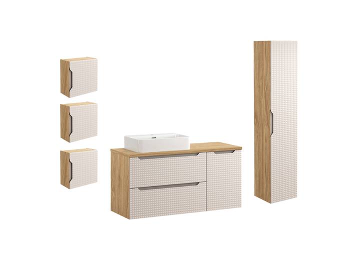 Ensemble meuble simple vasque 120cm colonne et 3 armoires murales Mallory Beige et bois