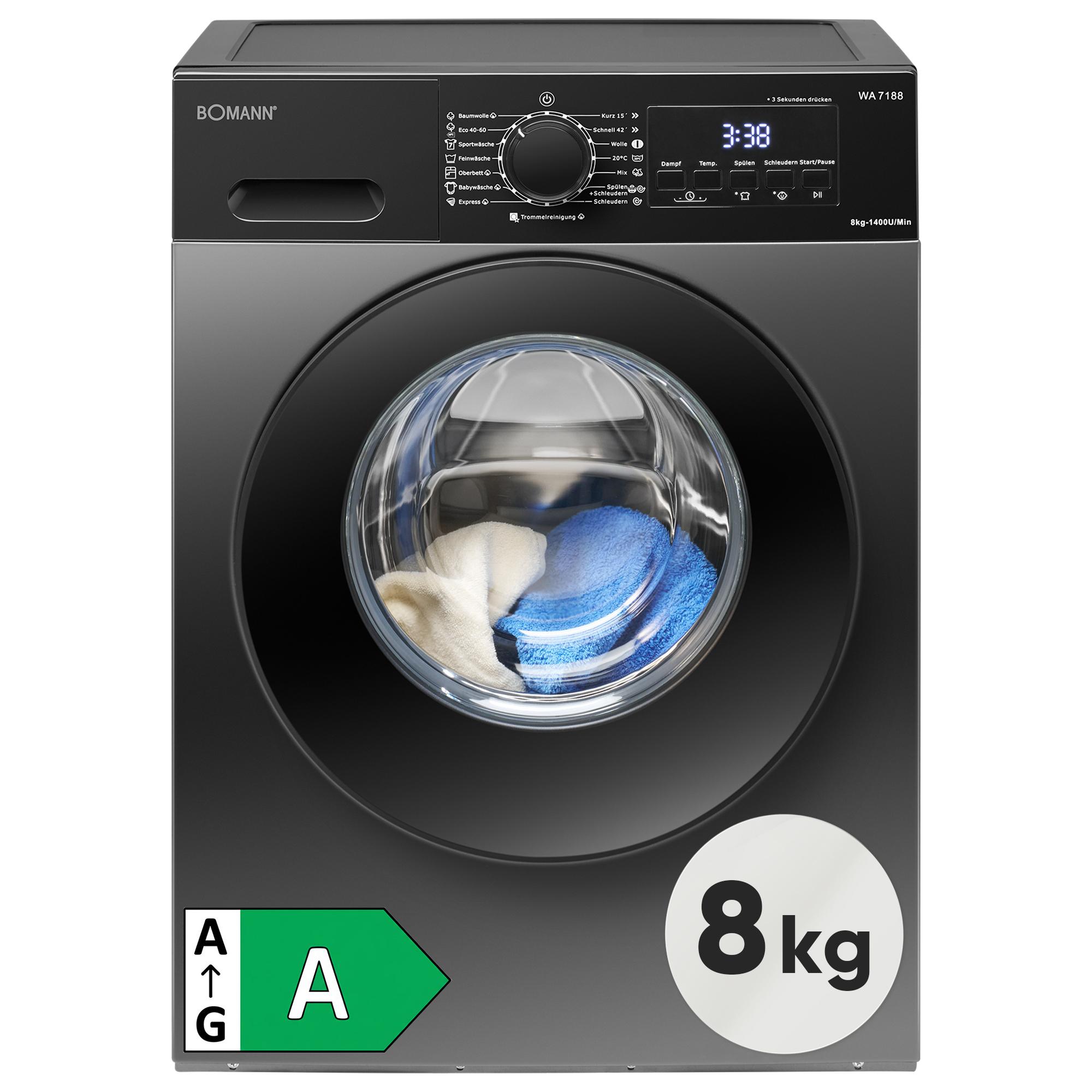 Bomann Waschmaschine 8kg | 15 Programme | Invertermotor - effizient, leise und langlebig | max. 1400 U/min | Dampffunktion | WA 7188 titan