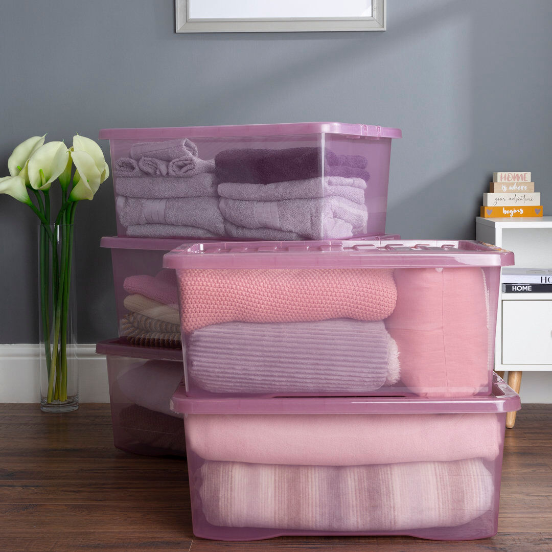 Wham Crystal 45L Plastic Storage Boxes Set of 5 Tint Dusky Orchid Pink 45L