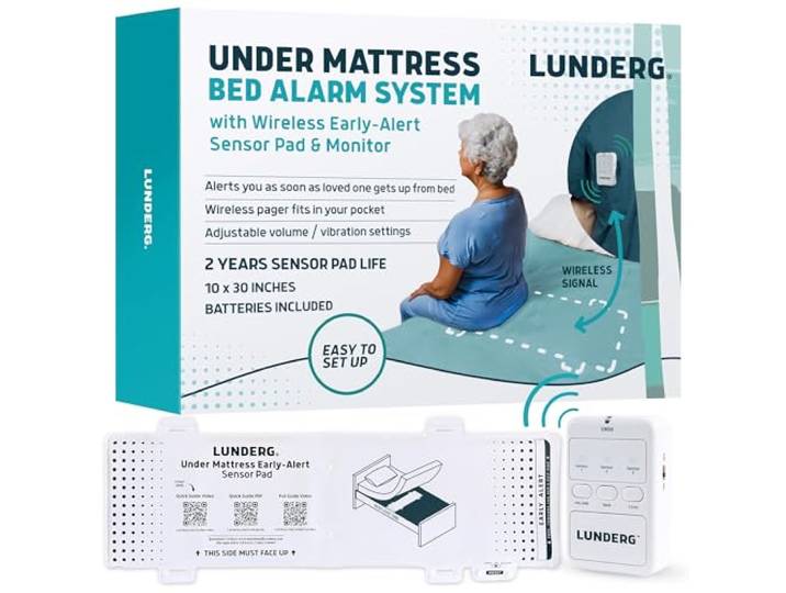 Lunderg Bettalarm unter der Matratze für ältere Erwachsene – Kabelloses Sensorpad mit Frühwarnung & Pager – Bettalarme und Sturzprävention für ältere Menschen und Demenzpatienten – Reduziert