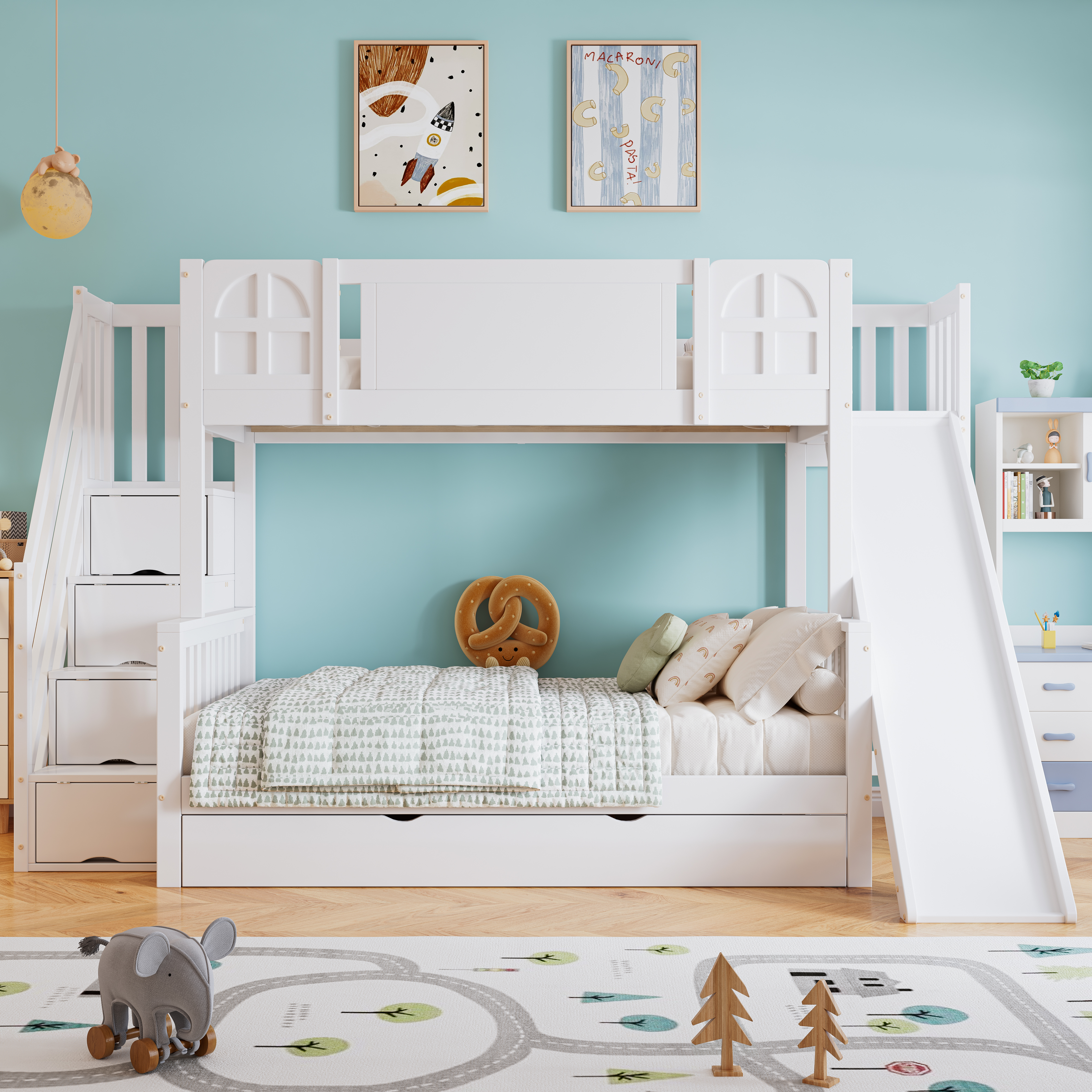 Merax Etagenbett Kinderbett 90x200 & 120x200 cm mit Rutsche & Fenster, Treppe mit Stauraum, Schublade mit Rollen, Abenteuerbett für Kinderzimmer