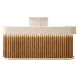 Empfangstheke, Bartheke, abgerundetes Eckdesign, vertikales Streifenmuster, für Salon, Hotel und Geschäft, Braun, 110×60×100 cm 【Baise+yuanmuse110】