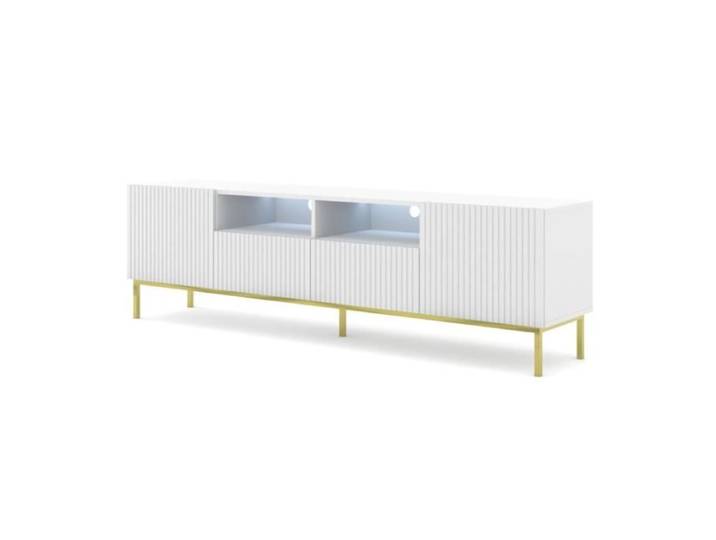 Meubles TV - AC-Déco - Meuble TV à 2 portes + 2 tiroirs avec cadre doré  Ravenna  - Blanc mat - L 200 cm