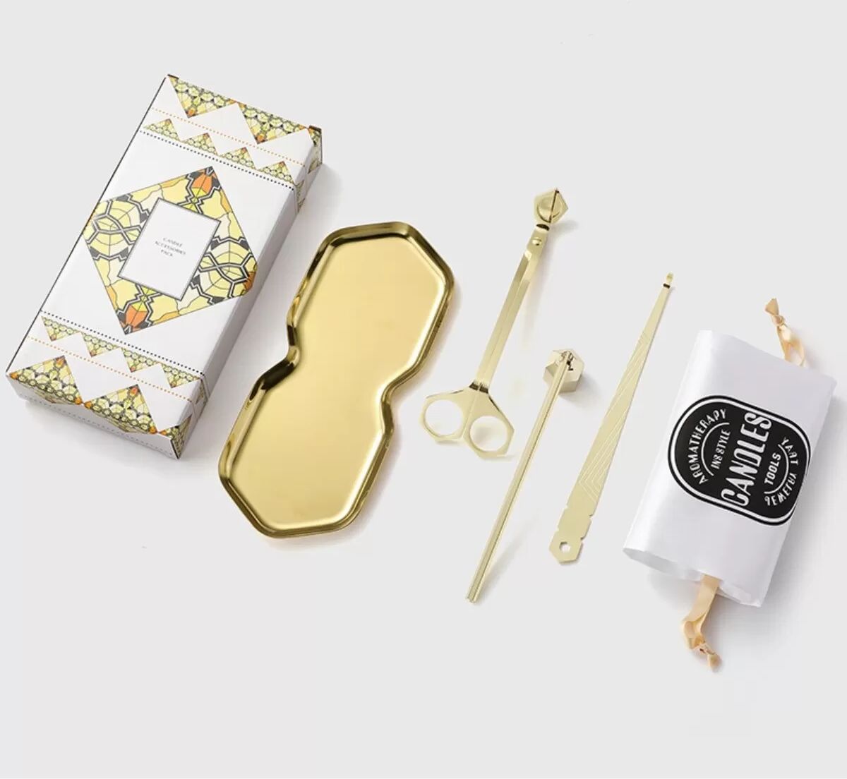 INF 4-teiliges Aromatherapie-Kerzenwerkzeug-Set: Tablett, Dochtschneider, Löscher und Dipper Gold