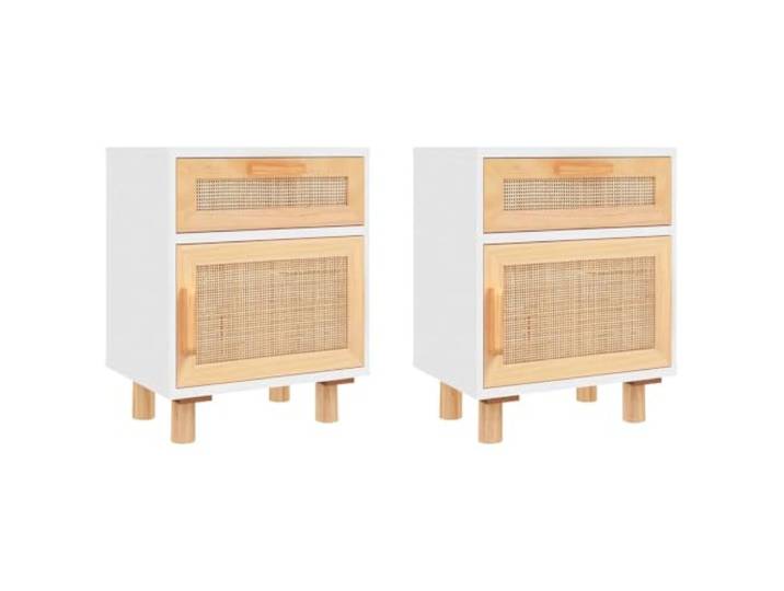 Heofavd Nachttisch 2er Set Weiß mit Natur-Rattan Beine Kiefer 40x30x50 cm