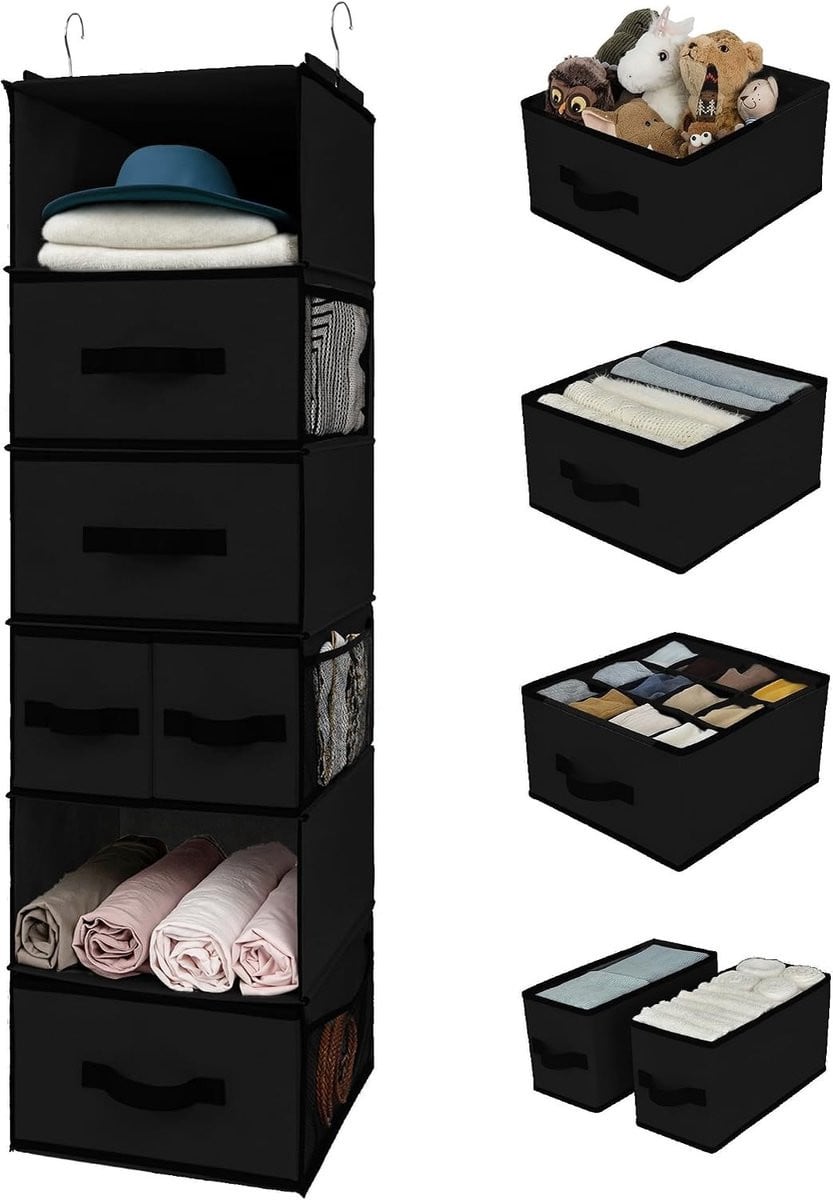 Hanging Organizer met 6 Compartimenten voor Kleding, Zwarte Ruimtebesparende Opbergoplossing voor in de Slaapkamer