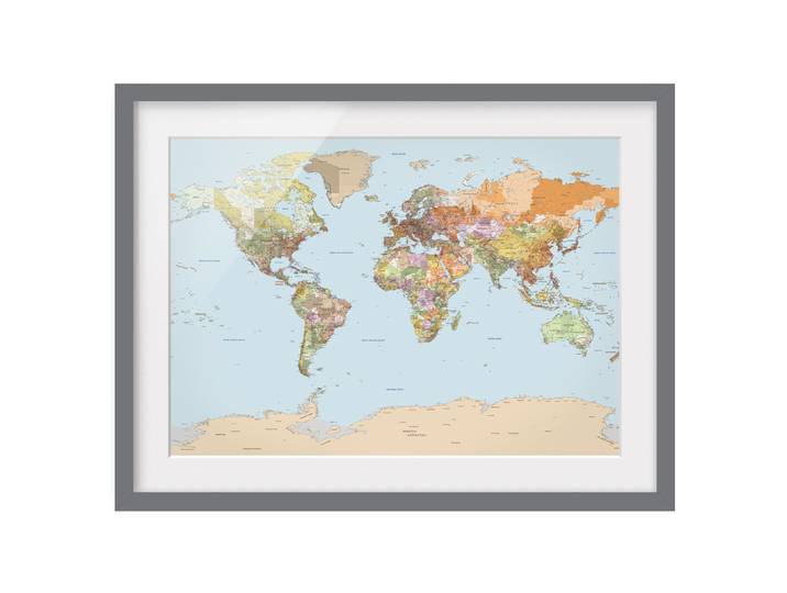home24 Afbeelding Politieke Wereldkaart III deels massief grenenhout, mat gelakt meerdere kleuren 40 x 30cm