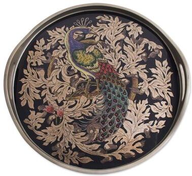 Novica "Handmade Mystic Peacock In Silver Reverse-Painted Glass Tray (Peru) - 2.4"" H x 17.75"" Diam."