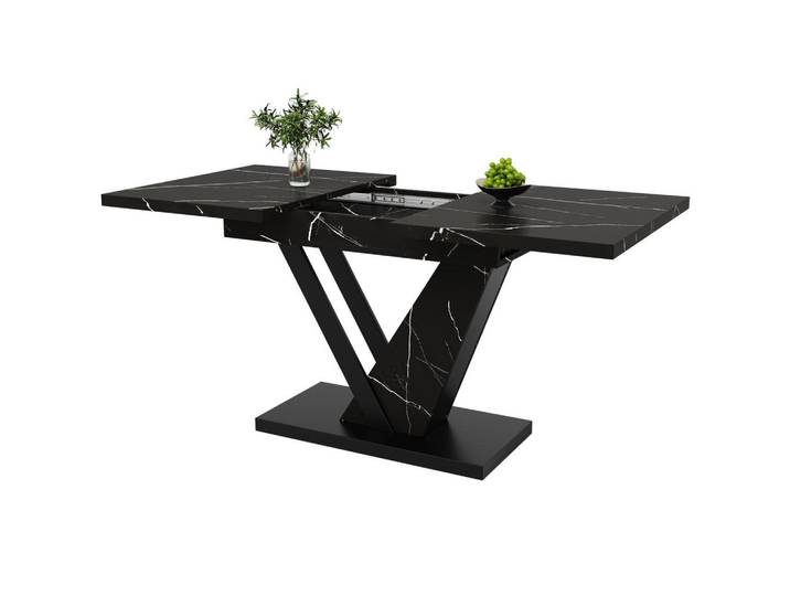 Modfu Esstisch 120-160x75x76 cm aus MDF mit schwarzem Marmormuster auf stabilen Metallbeinen ausziehbar, Schwarz, 75x75.5x160 cm, Esszimmer, Esstische