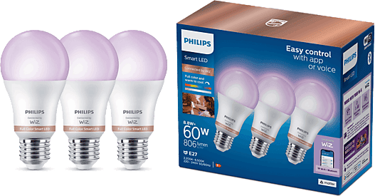 Bombilla inteligente-Philips SmartLighting Led E27 Pack x3un, RGB, 8,5W (Eq.60W), 806lm, wifi+BT, control via App WiZ, Matter, comp.Alexa,Apple Home