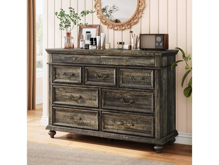 Commode rustique - LUNSY - 9 tiroirs - 120x40x87 cm - Noir - Polyvalente - Style champêtre - Poignées métal vintage
