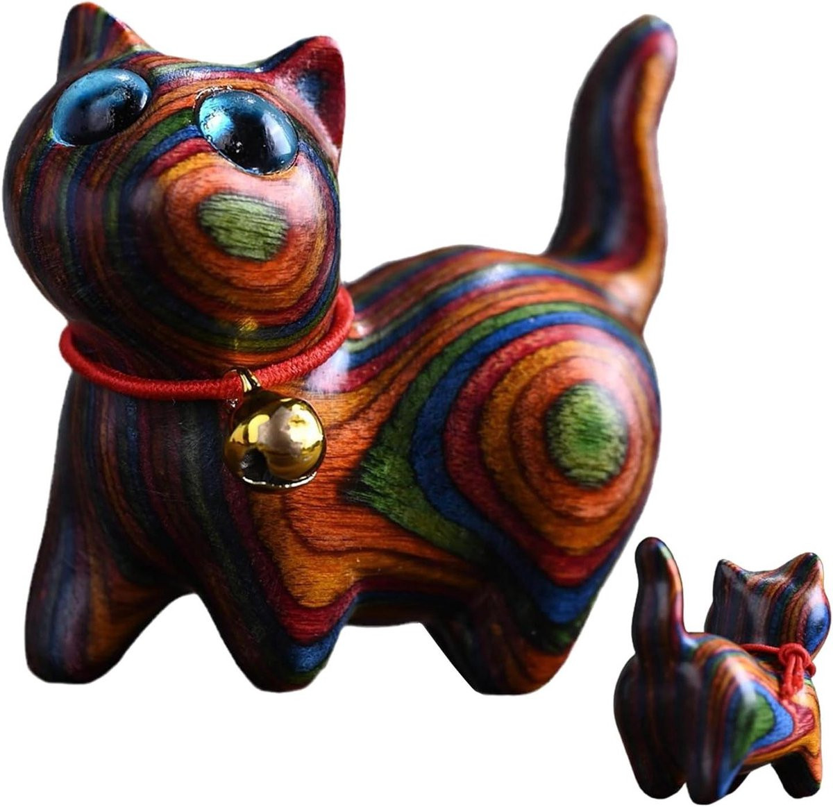 Handgesneden Houten Kat Sculptuur - Decoratief Houten Beeldje - Lengte: 10,3 cm
