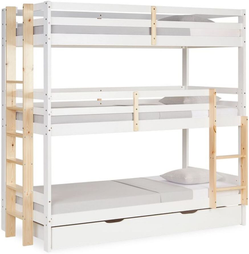 Homestyle4U Lit Superposé 90x200 Blanc 3 Places Blanc 203x202x98cm