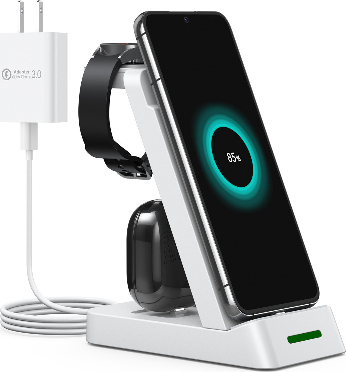 INF 3-in-1 Draadloze oplader voor mobiel, Samsung smartwatch en hoofdtelefoon Wit